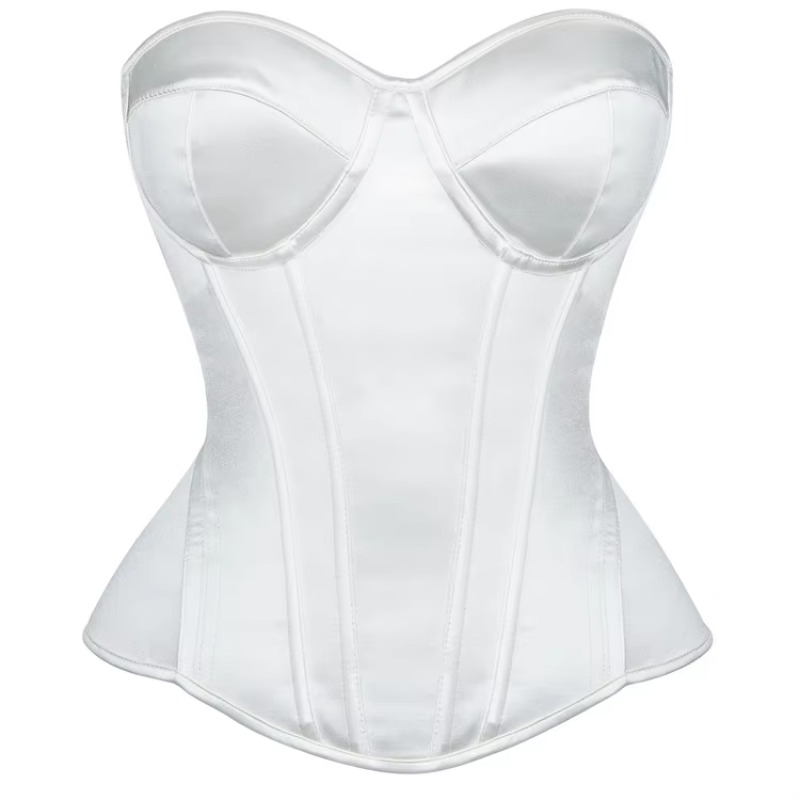 Boning Corset Steel - คอร์เซ็ทสีขาวสำหรับผู้หญิง ทรงโอเวอร์บัสท บัสติเยร์รัดตัว มีโครงเหล็ก ร้อยเชือกผูกเอว กระชับสัดส่วน