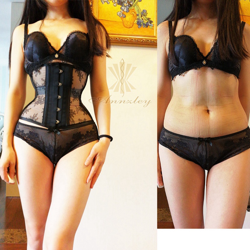 Boning Corset Steel - Annzley Corset Slimming ก่อนและหลังสีดำตาข่ายเหล็ก Boned Underbust