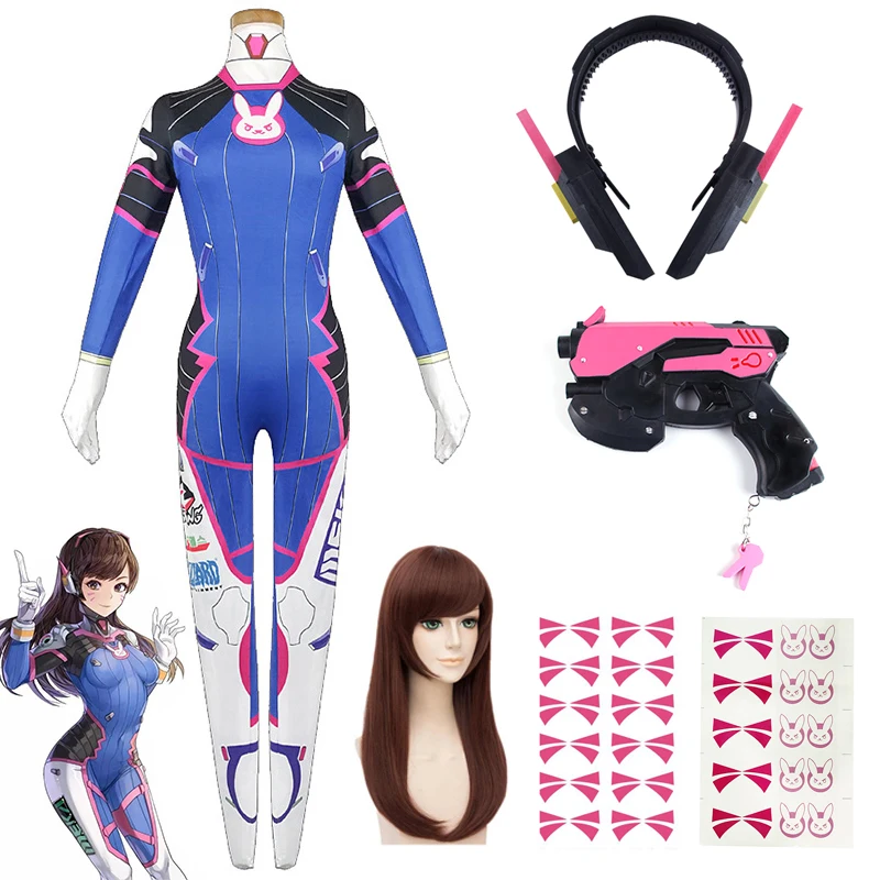 Cosplay Prop Pistol - เกมOverwatch Dvaคอสเพลย์เครื่องแต่งกายTights Jumpsuitวิกผมหูฟังปืนคอสเพลย์Props Tattooสติกเกอร์ชุดผู้หญิงParty Zentai Cos